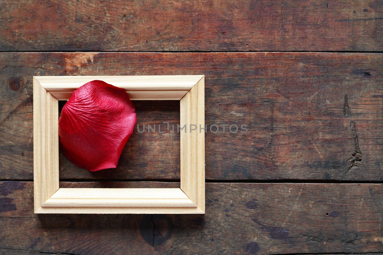 Romance concept. Red rose petal in picture frame on old wooden background
