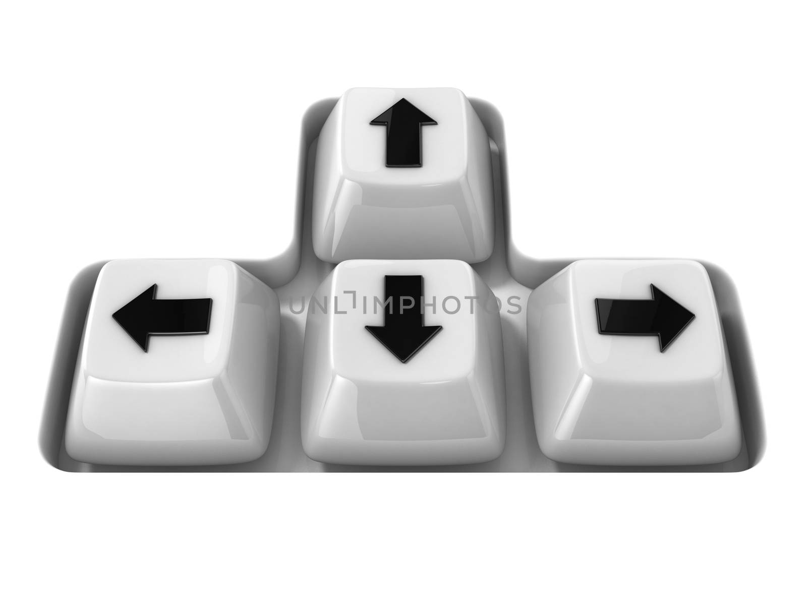 The four white keyboard arrows keys on a white background. Front view. 3D render illustration