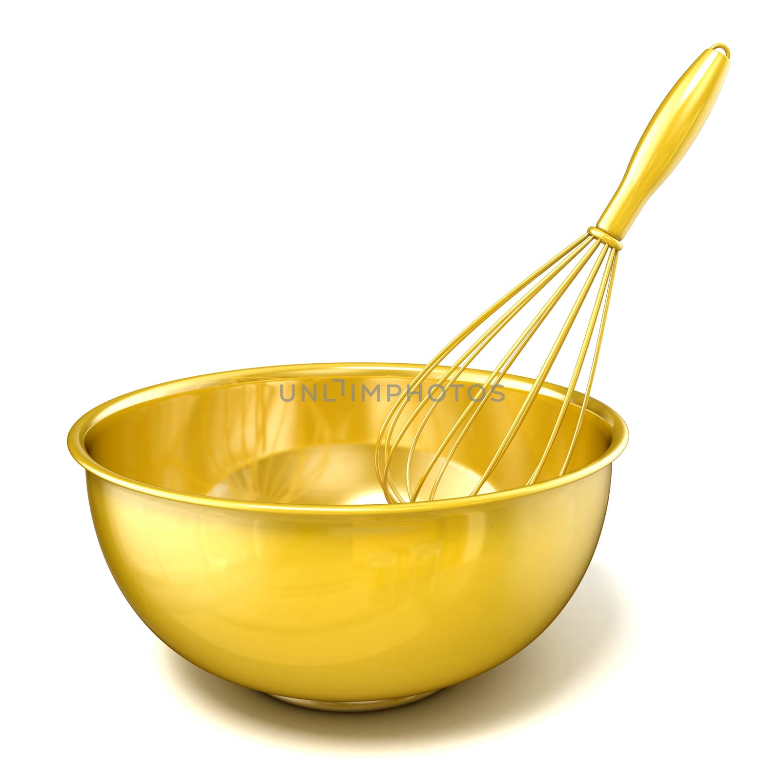 Golden bowl with a wire whisk. 3D rendering illustration isolated on white background