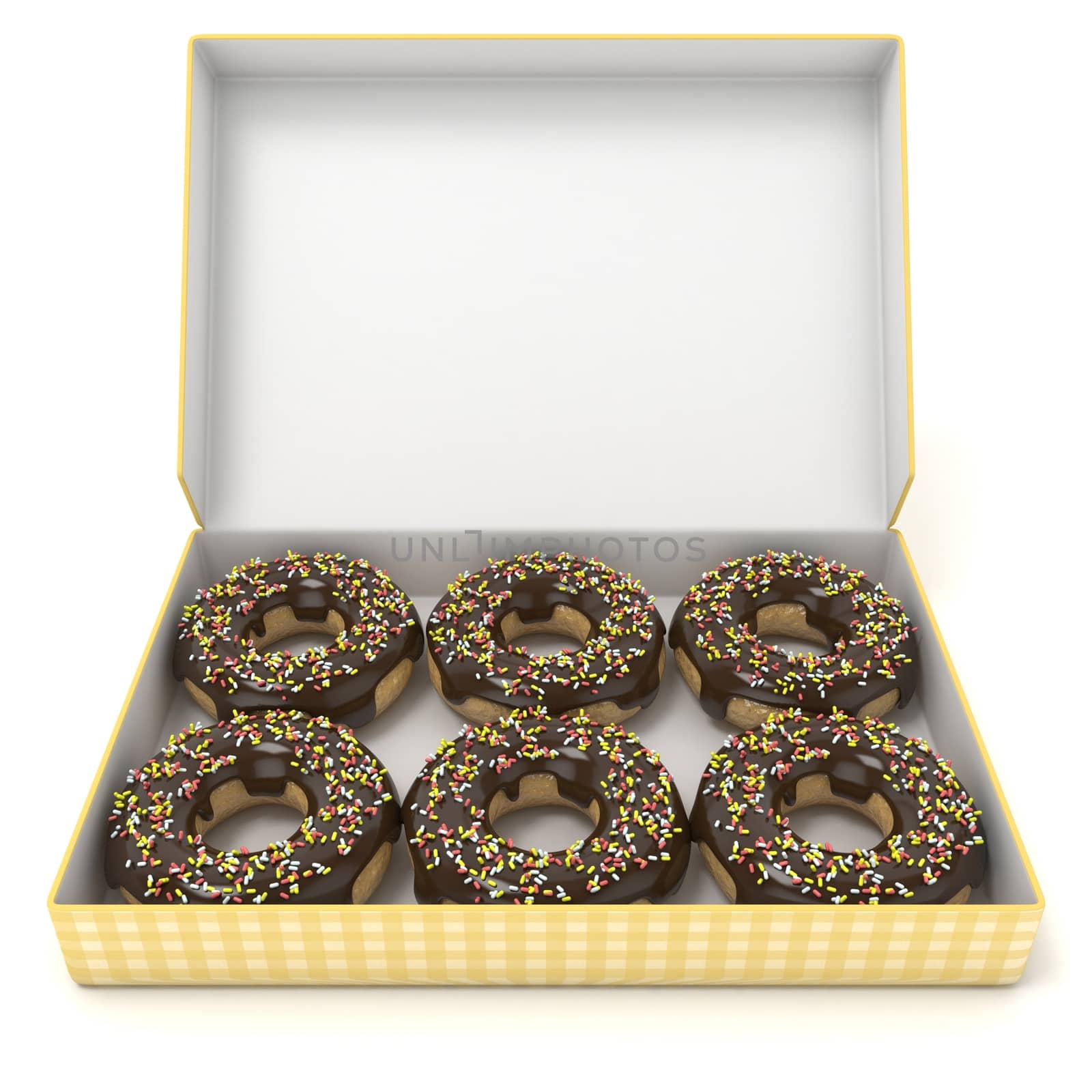 Box of chocolate donuts. Front view. 3D render illustration.isolated on white background