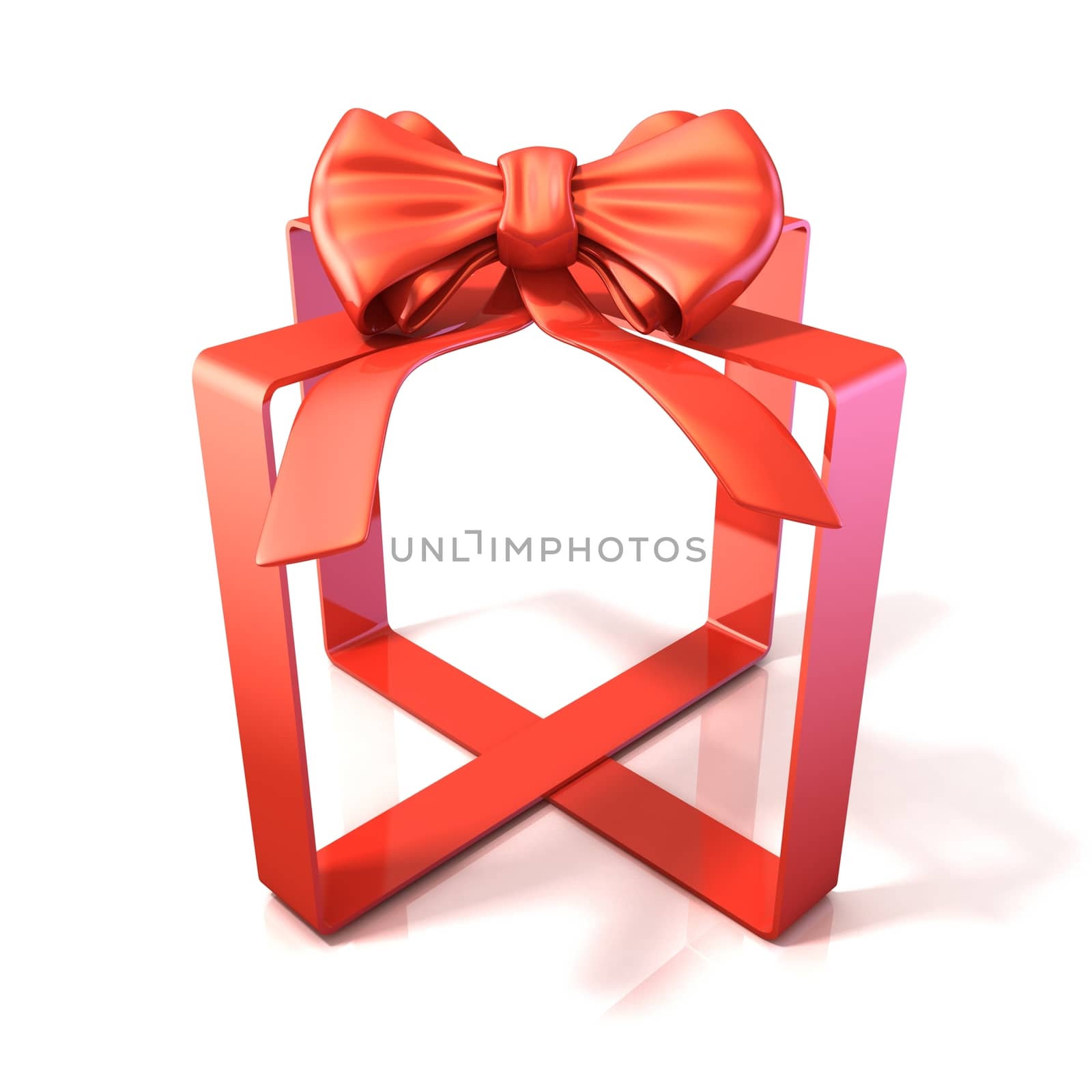 Festive gift ribbon and bow, box shaped, 3D rendering isolated on white