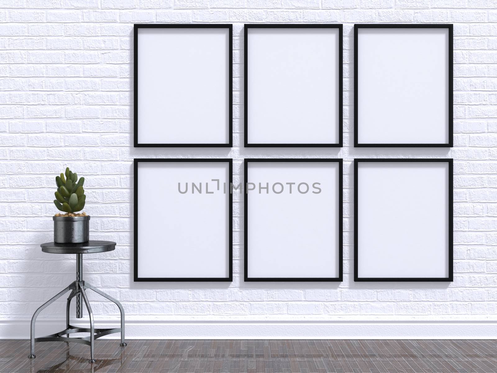 Mock up photo frame with plant, stool, floor and wall. 3D render illustration