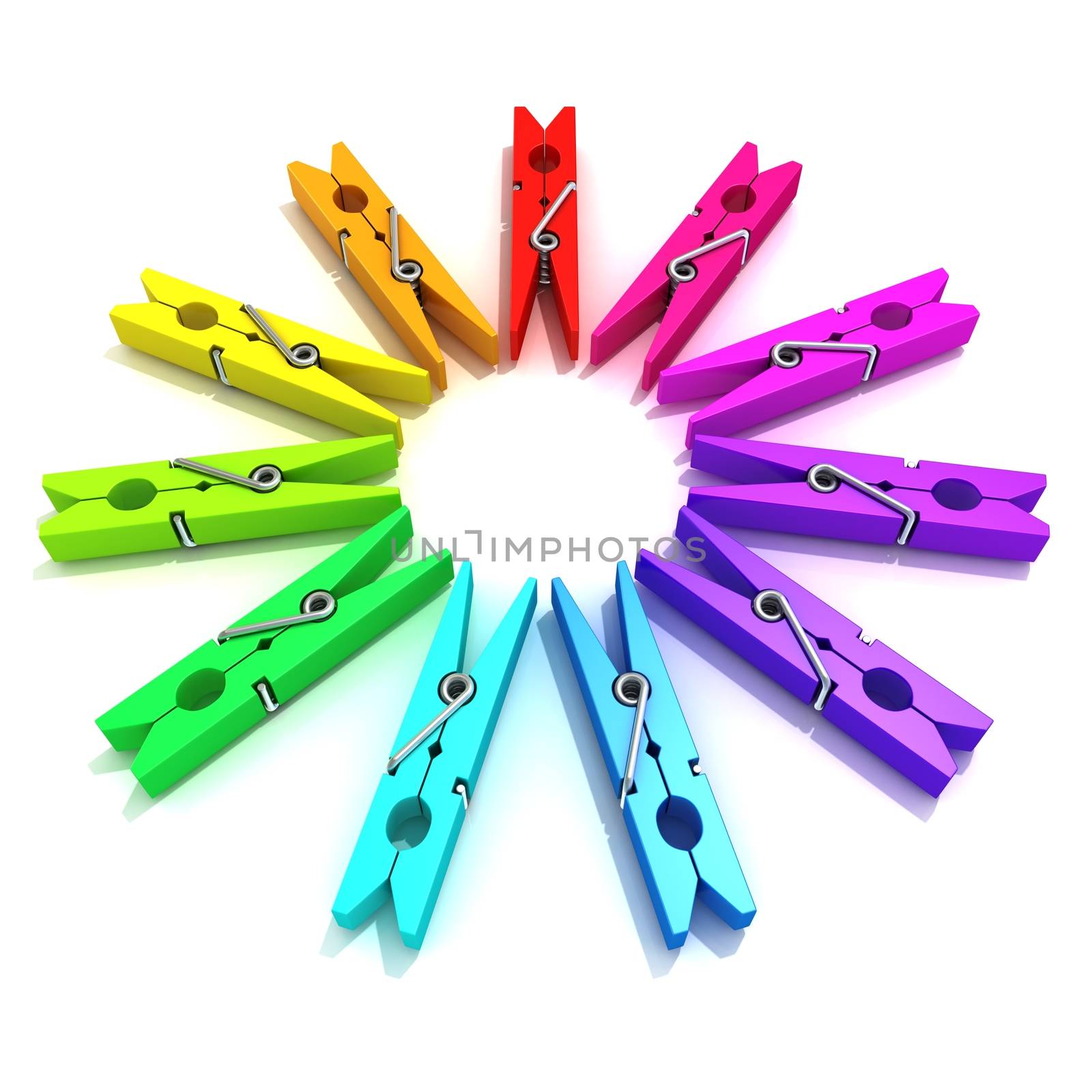 Clothes pins color wheel 3D render illustration isolated on white background