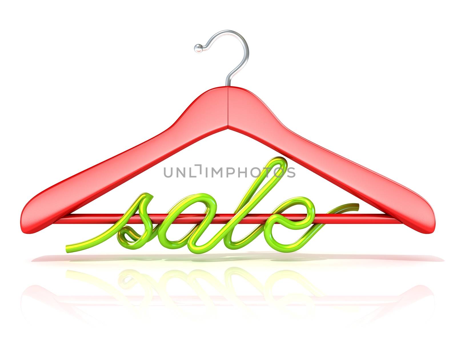 Red clothes hangers with green sale sign, 3D render isolated on white background. Front view