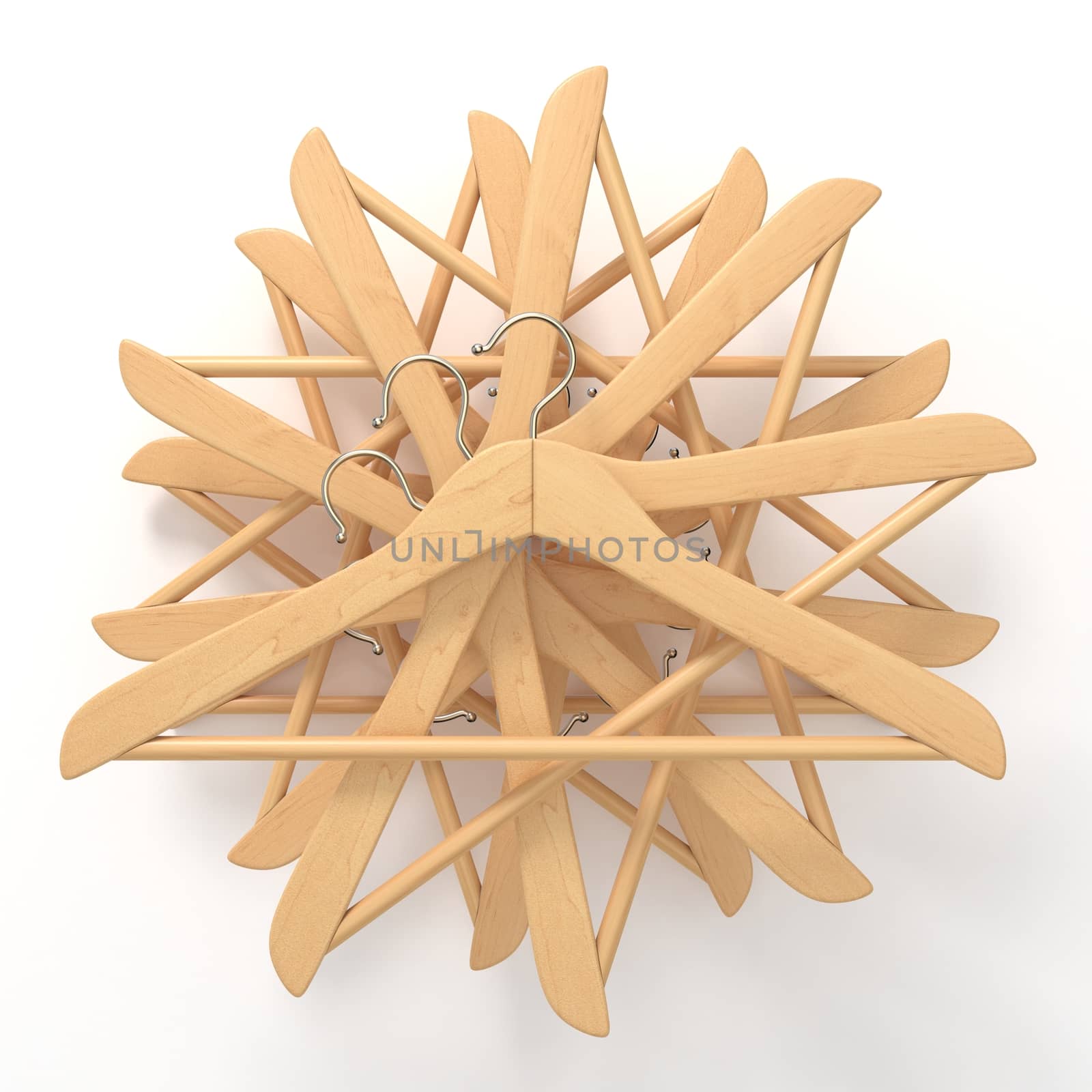 Wooden hangers, star arranged. 3D render illustration isolated on white background
