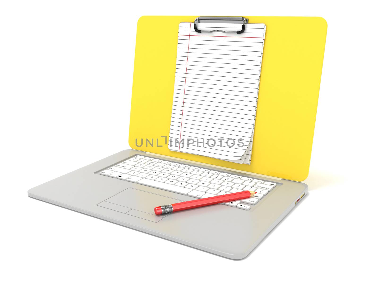 Blank clipboard lined paper on laptop. Side view. 3D render illustration isolated on white background