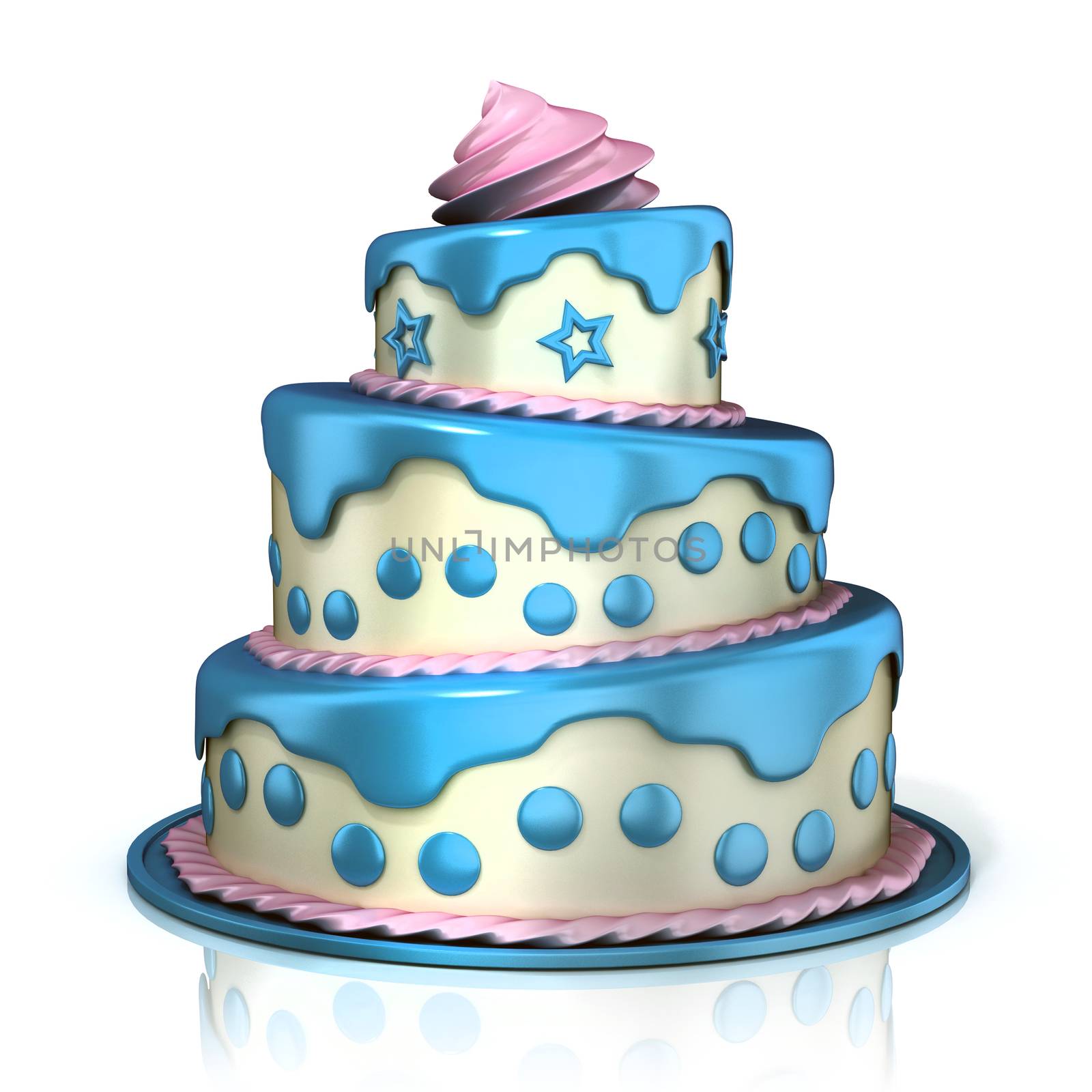Three floor cake 3D rendering isolated on white background. Blue, pink and white cream