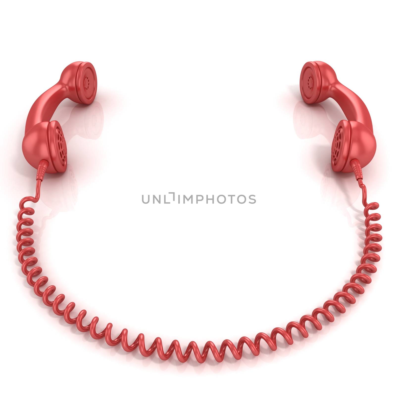 Red old fashion phone handsets connected isolated on white background