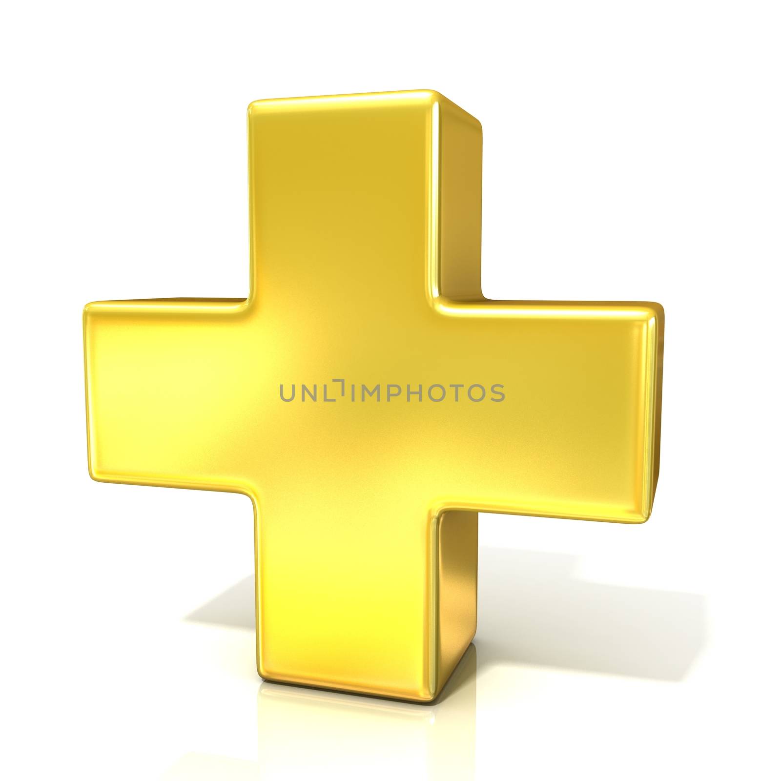 Plus sign, 3D golden sign isolated on white background