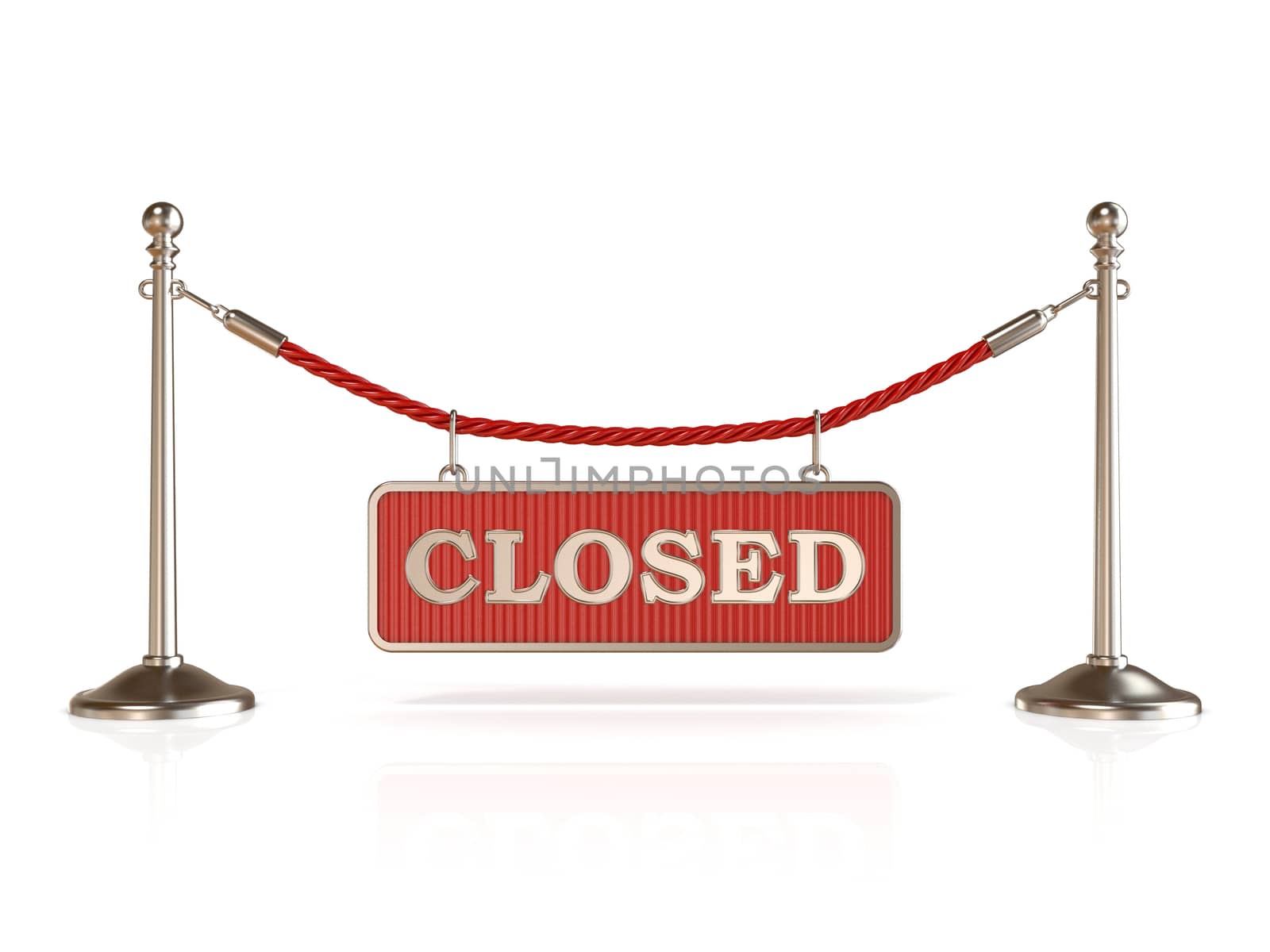 Velvet rope barrier, with CLOSED sign. 3D render isolated on white background