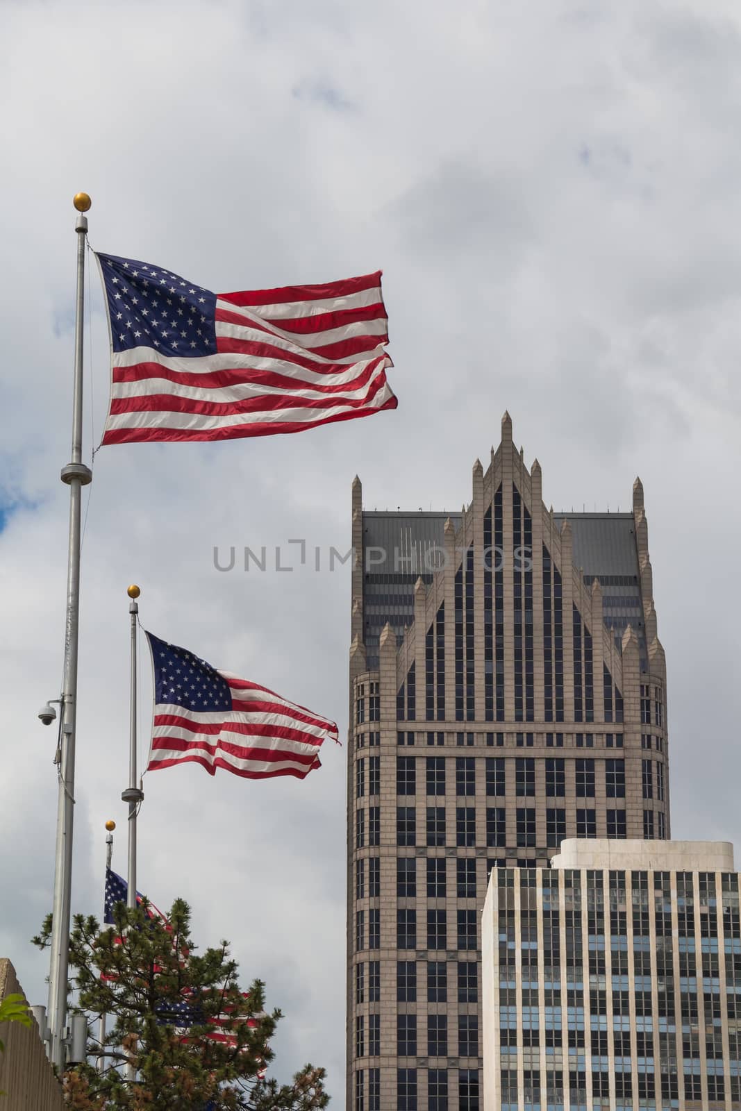 American flags and skyscrapers, Detroit, USA by YassminPhoto