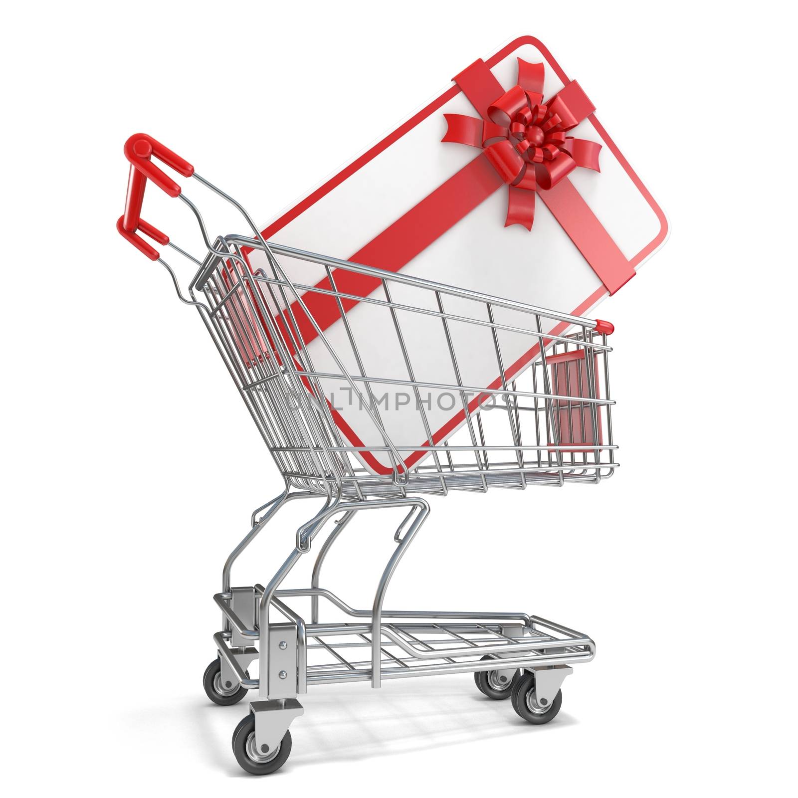Gift card with blank space for text and shopping cart. 3D render illustration isolated on white background