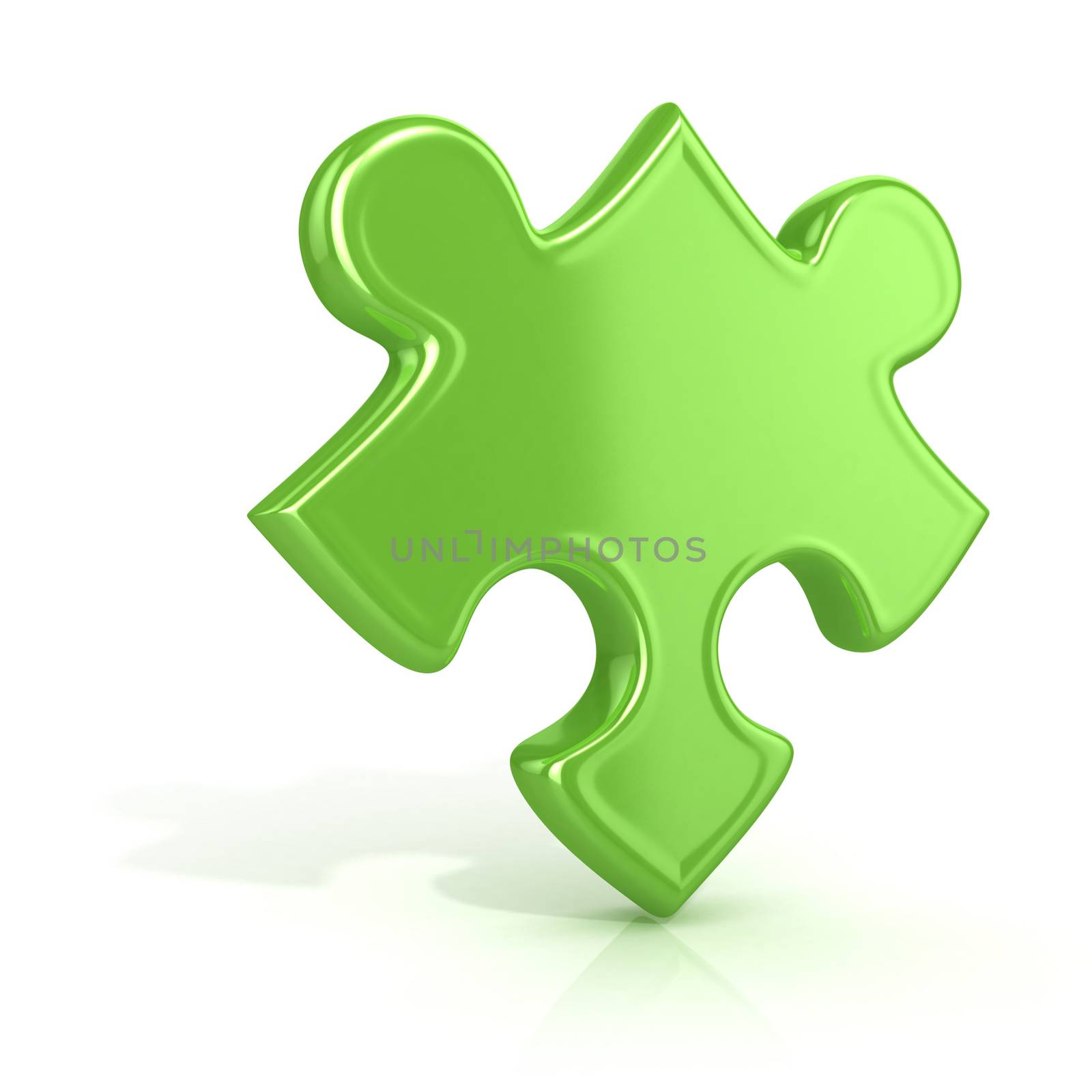 Single, green, standing jigsaw puzzle piece. 3D render icon isolated on white background. Unusual angle