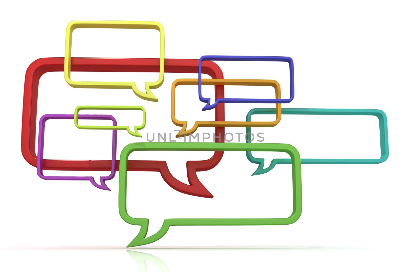 Conceptual 3D illustration of speech bubbles, isolated on white background. Front view