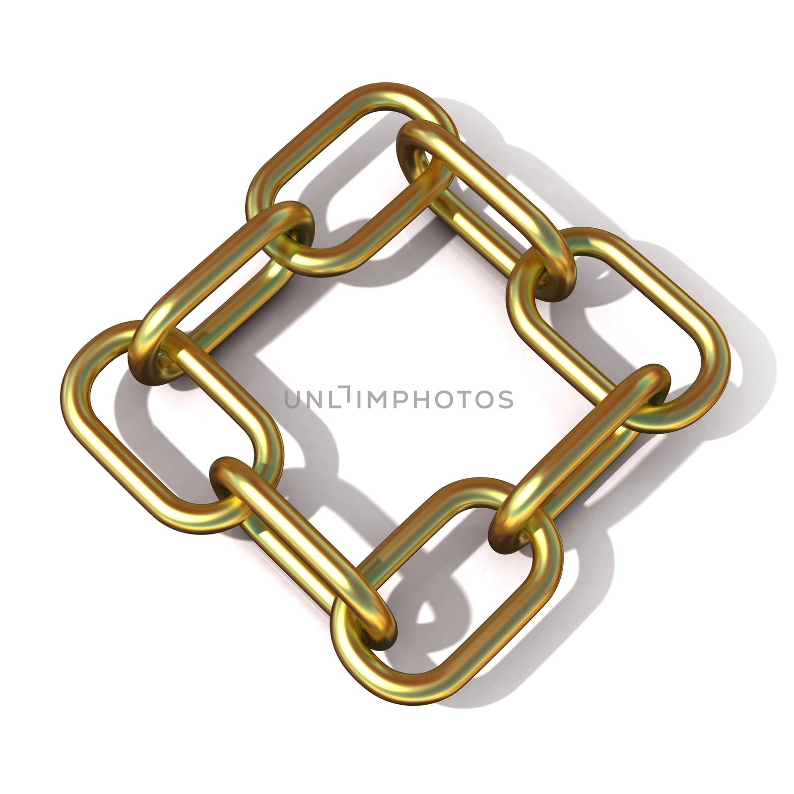 Abstract 3D illustration of a brass chain link isolated on white background. Top view