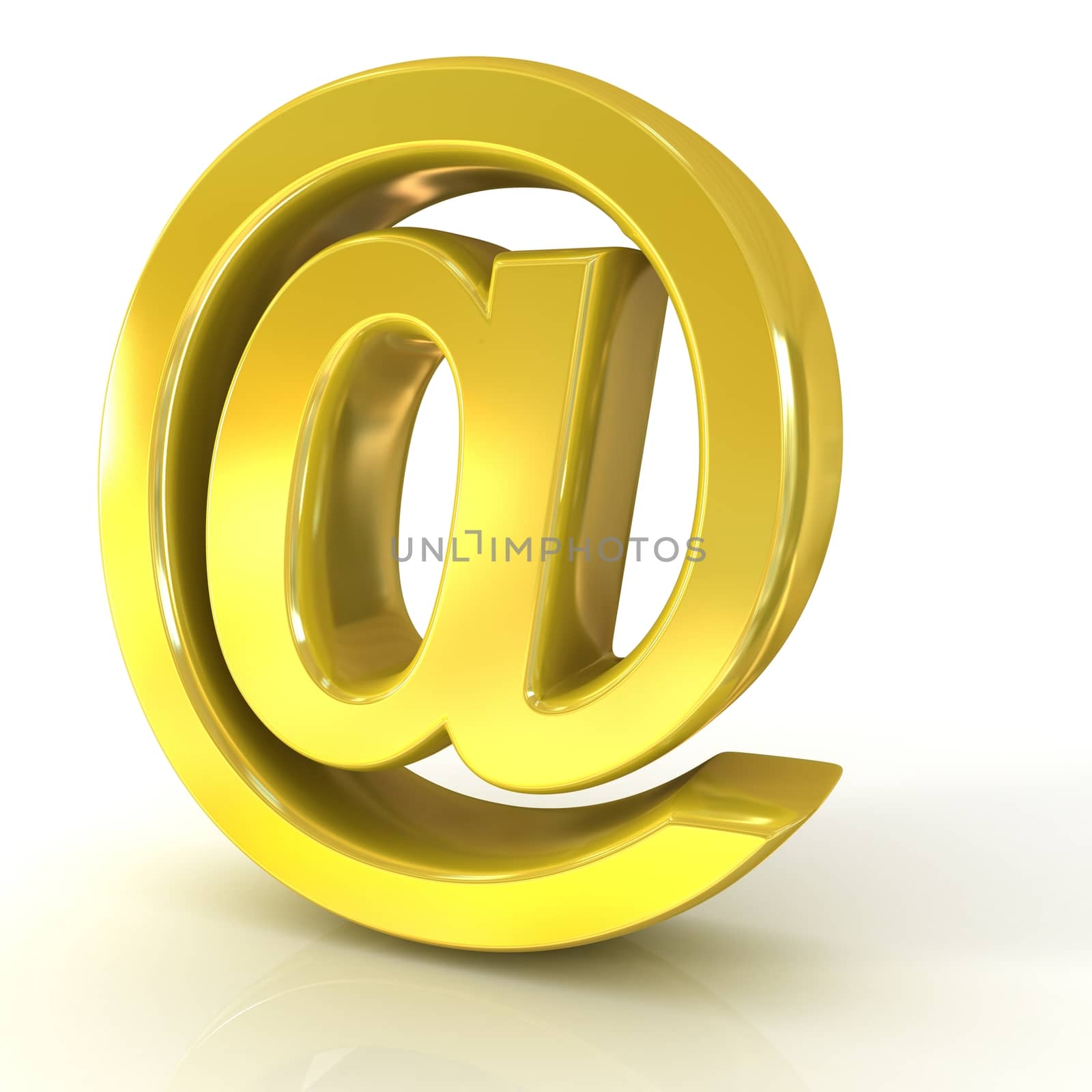 E-mail sign, at symbol, 3D golden isolated on white background