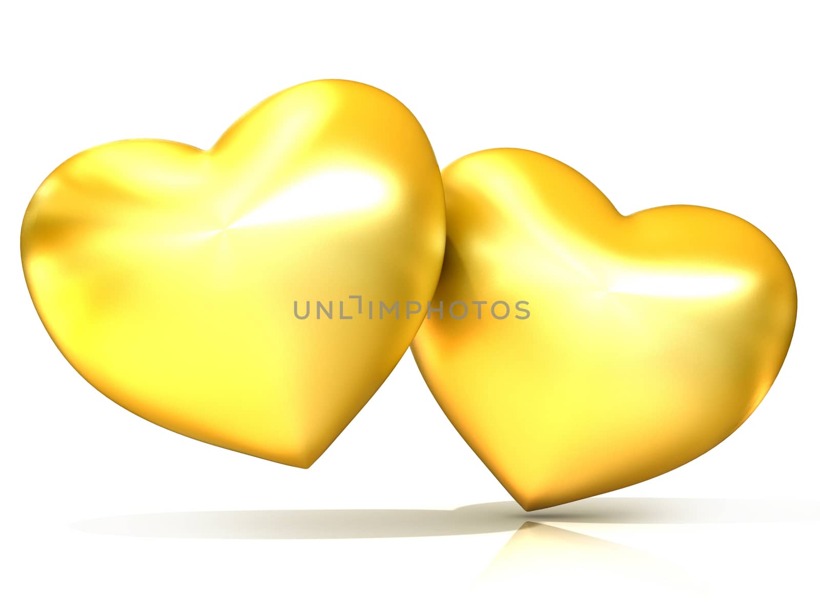 Two golden hearts. 3D render illustration isolated on white background