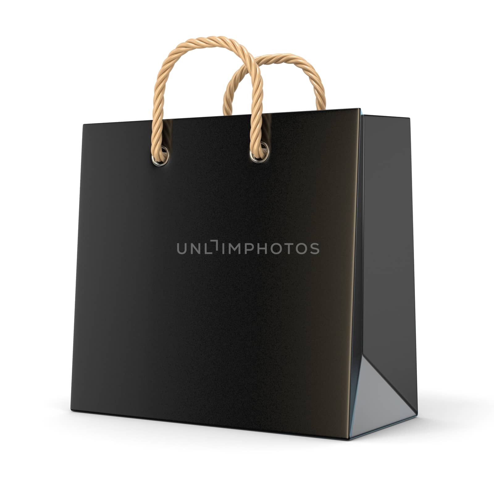 Single, empty, black, blank shopping bag. 3D render illustration isolated on white background