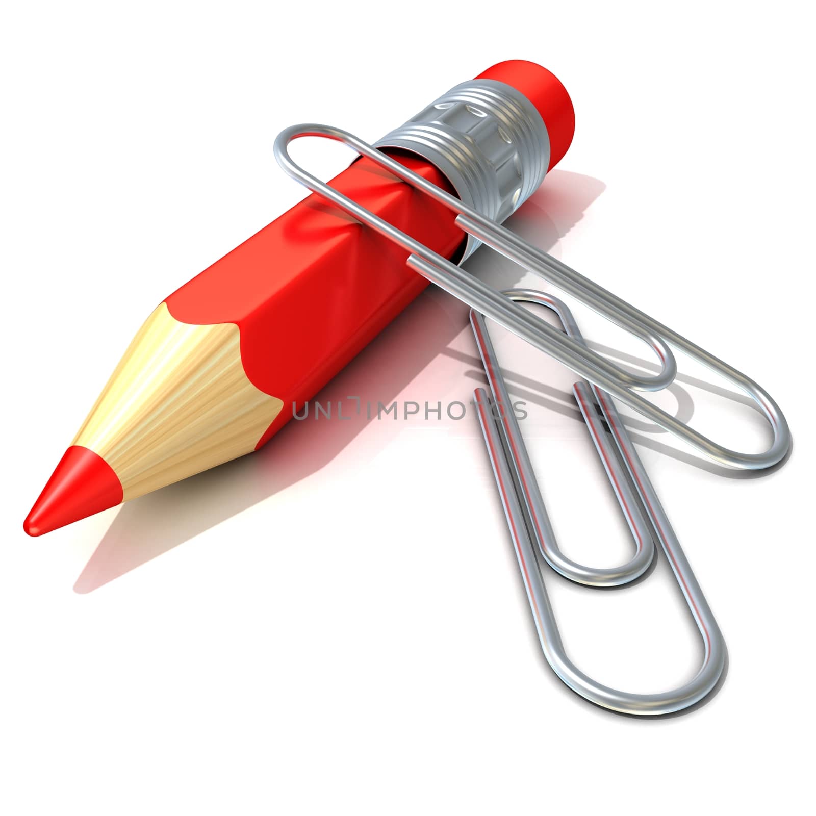 Red pencil and silver paper clips, isolated on white background. 3D render. Education, back to school and office concepts. Side view