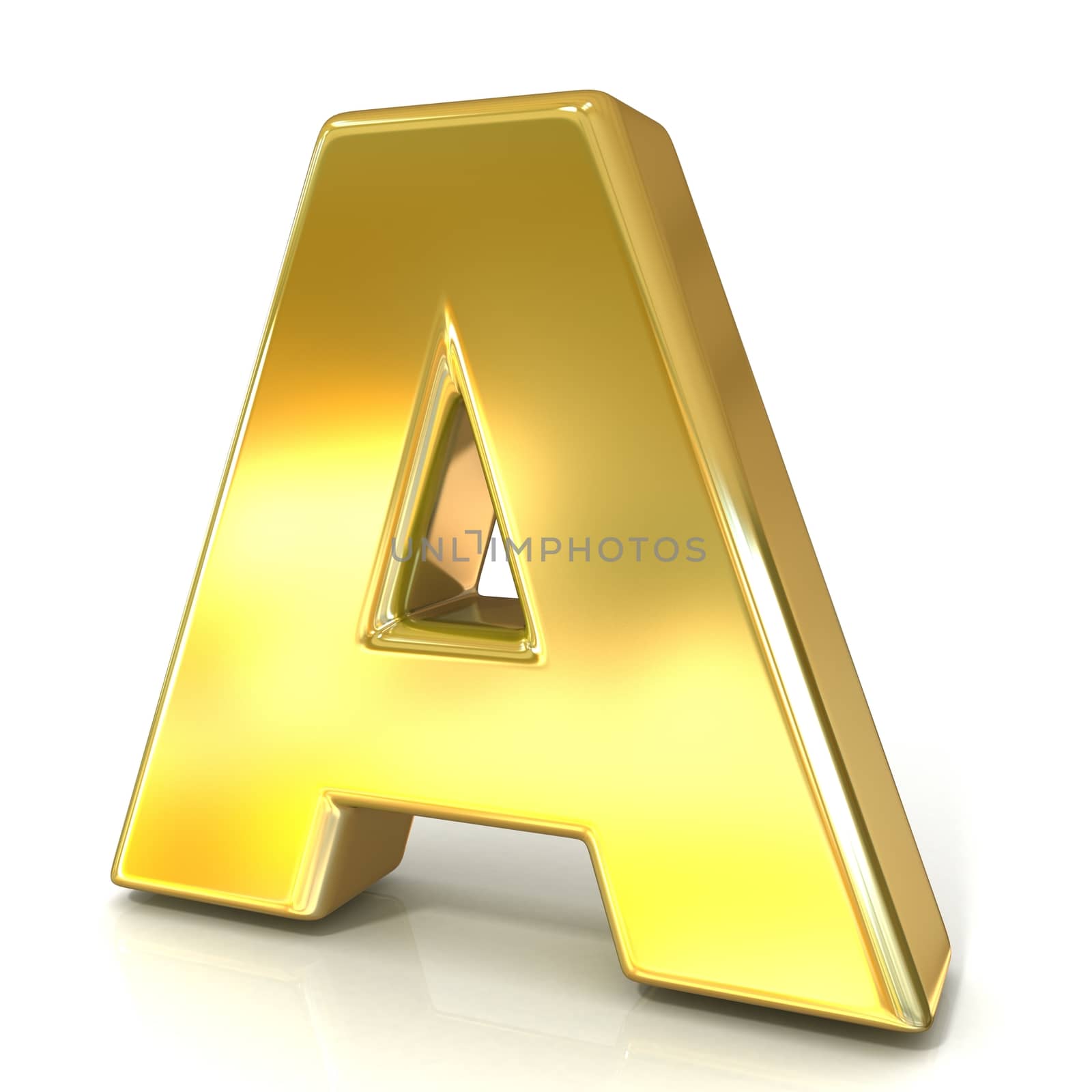 Golden font collection letter - A. 3D render illustration, isolated on white background.