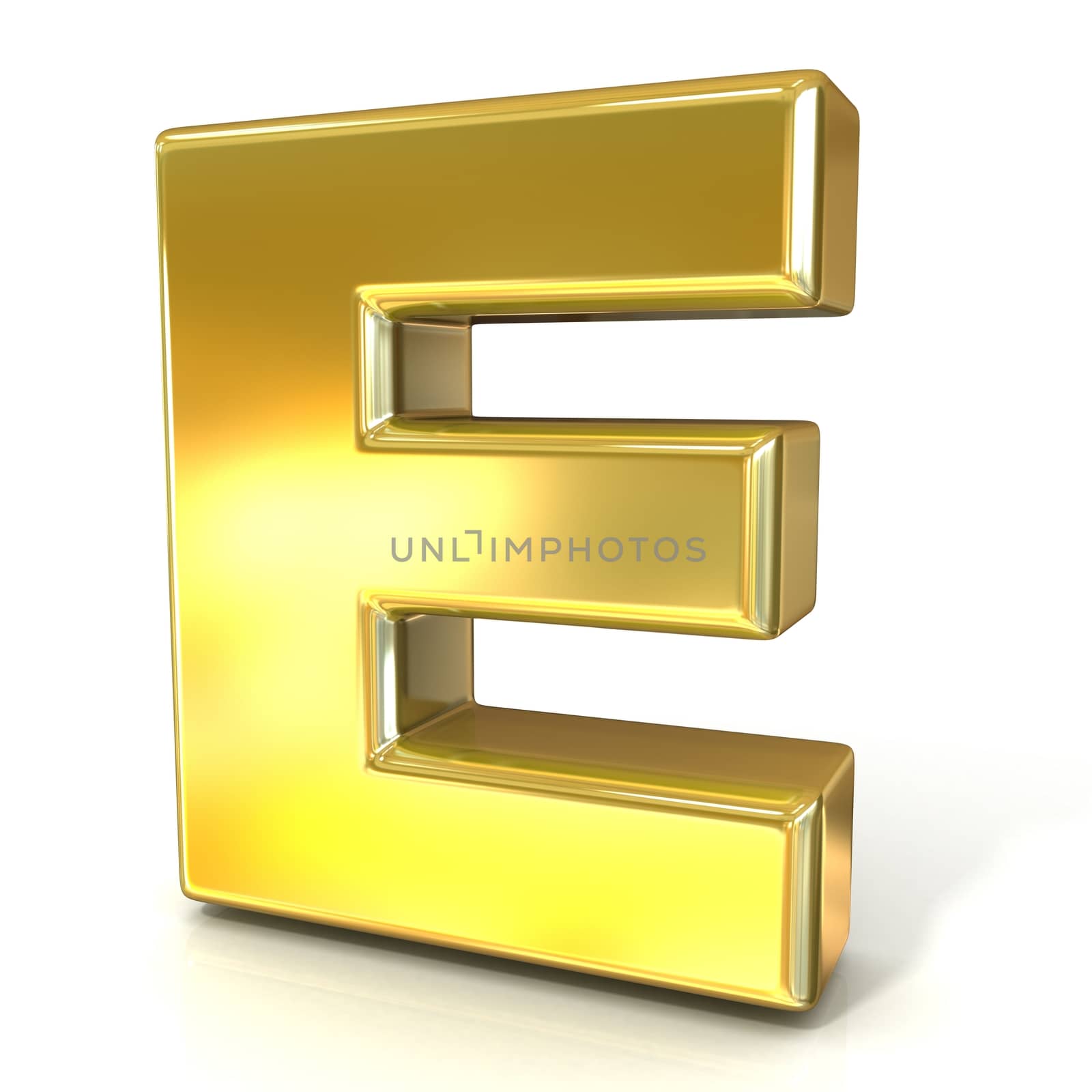 Golden font collection letter - E. 3D render illustration, isolated on white background.