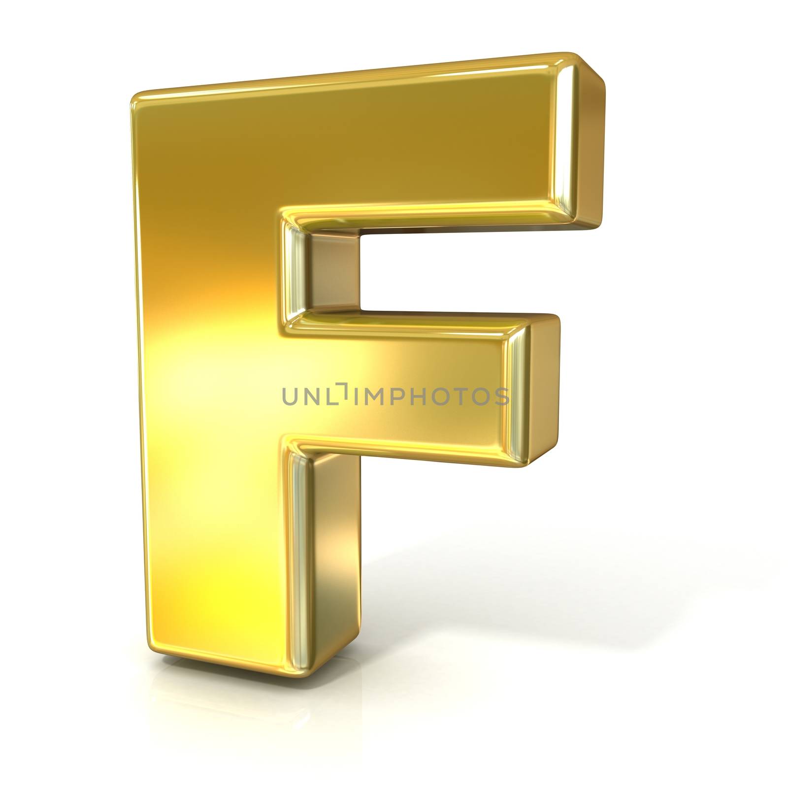 Golden font collection letter - F. 3D render illustration, isolated on white background.