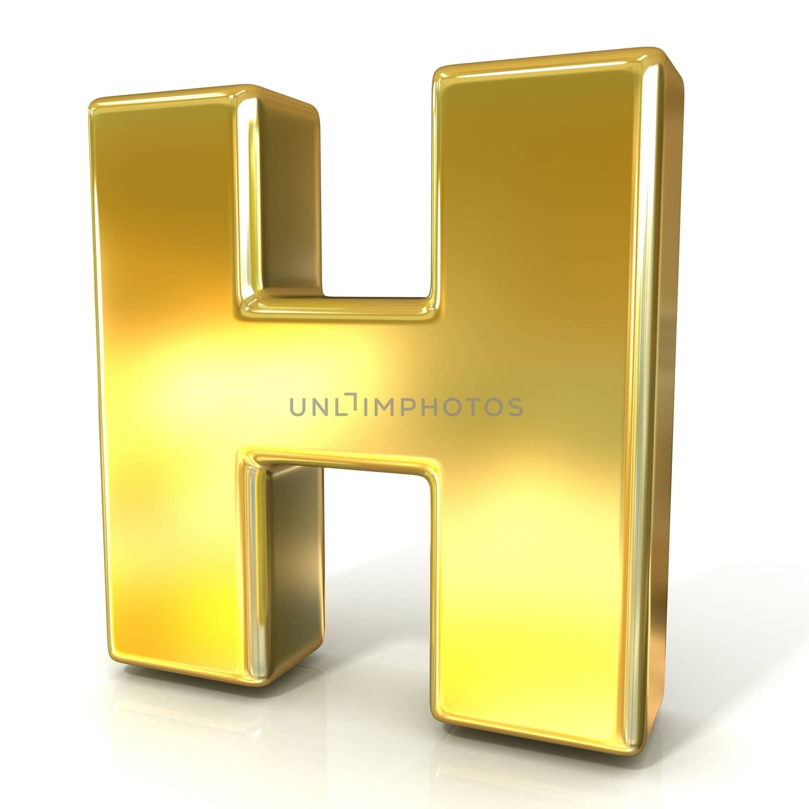 Golden font collection letter - H. 3D render illustration, isolated on white background.