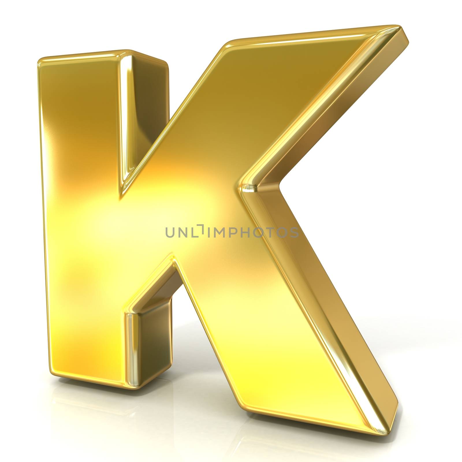 Golden font collection letter - K. 3D render illustration, isolated on white background.