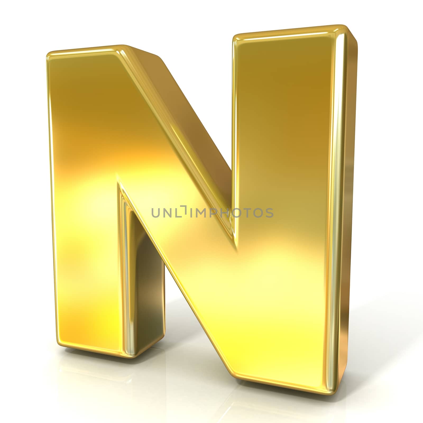 Golden font collection letter - N. 3D render illustration, isolated on white background.