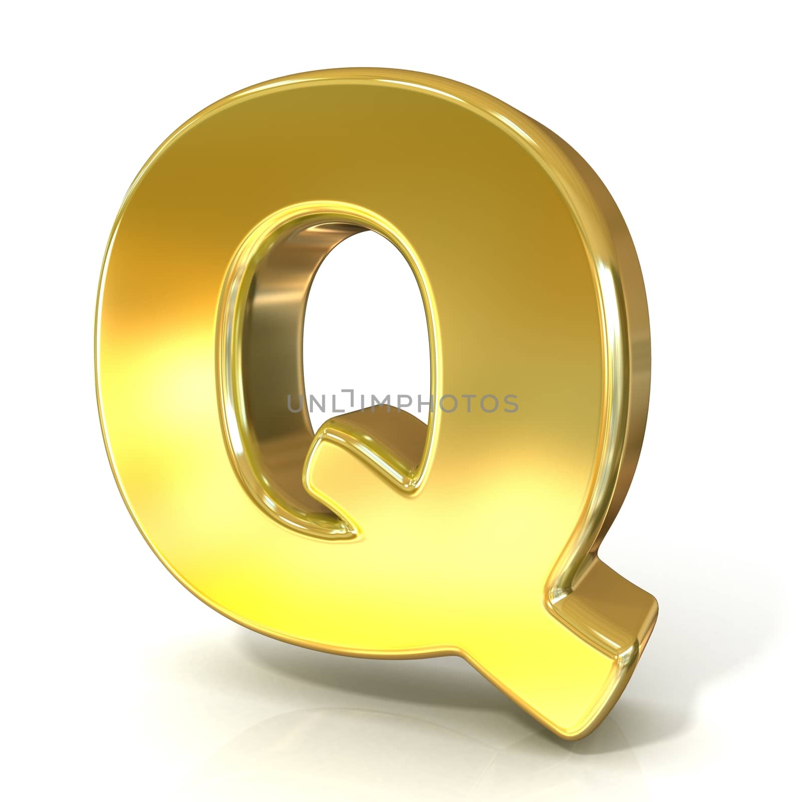 Golden font collection letter - Q. 3D render illustration, isolated on white background.
