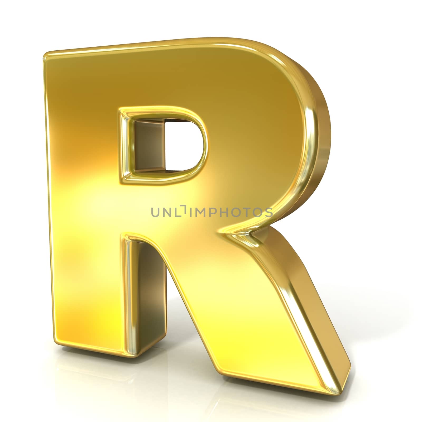 Golden font collection letter - R. 3D render illustration, isolated on white background.