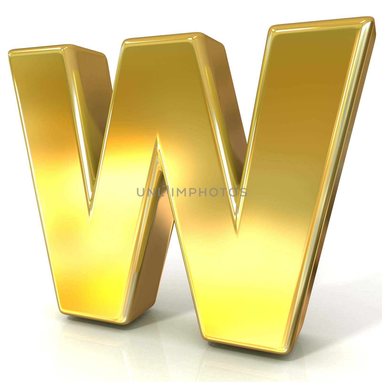 Golden font collection letter - W. 3D render illustration, isolated on white background.