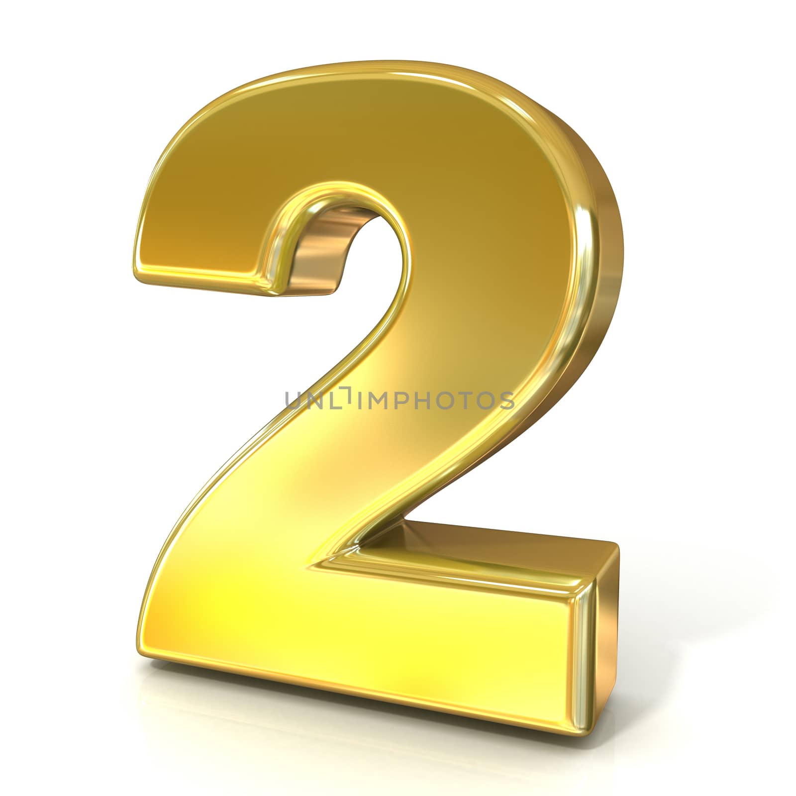 Numerical digits collection, 2 - TWO. 3D golden sign isolated on white background. Render illustration.