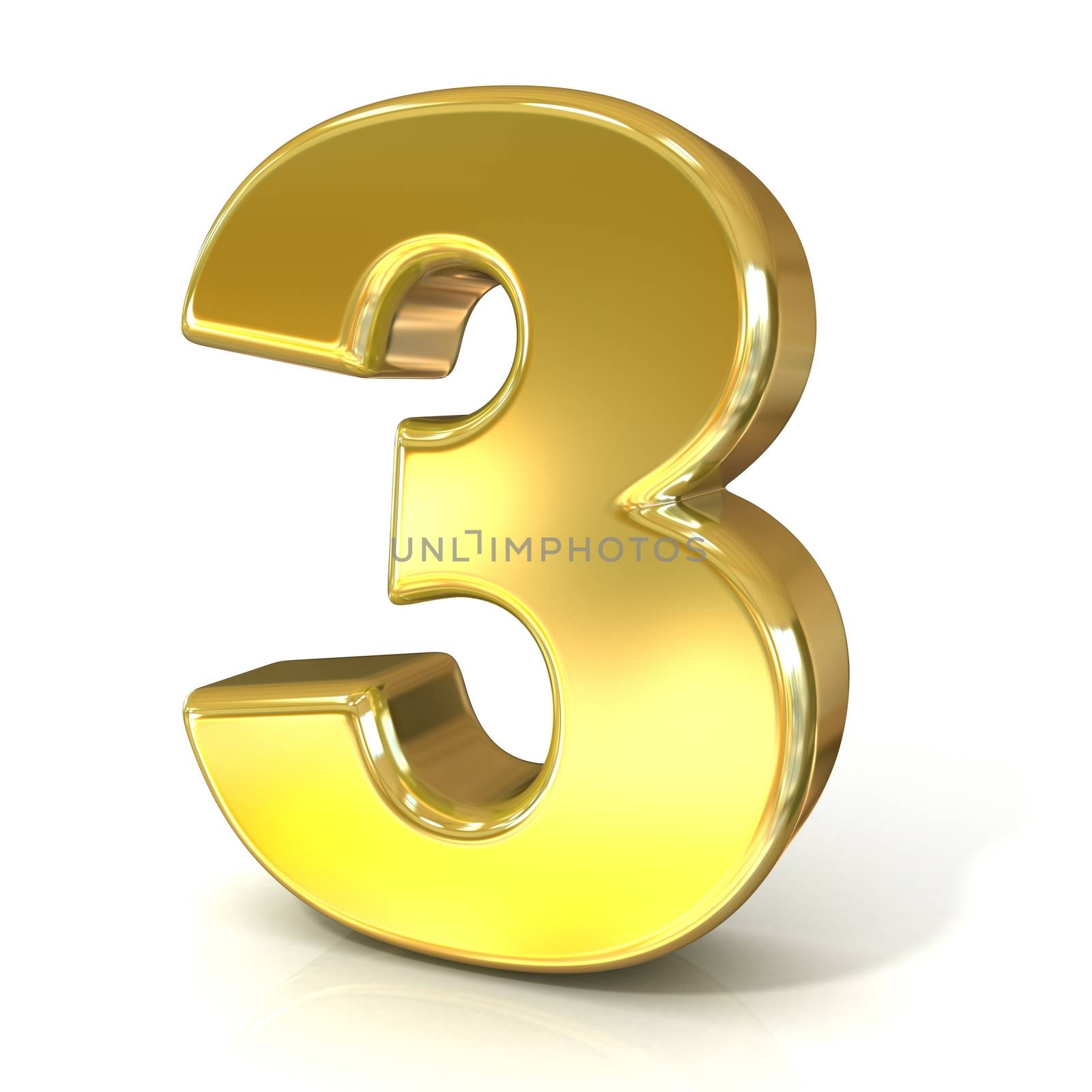 Numerical digits collection, 3 - THREE. 3D golden sign isolated on white background. Render illustration.