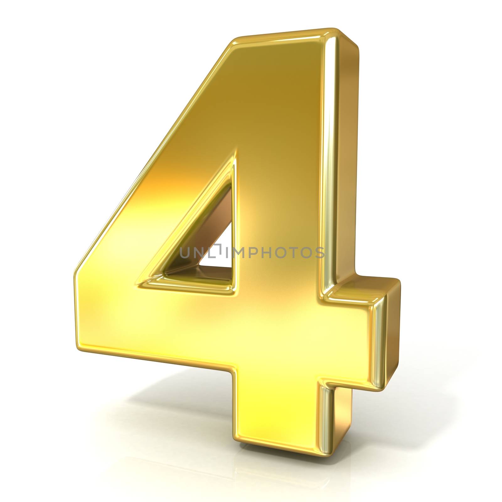 Numerical digits collection, 4 - FOUR. 3D golden sign isolated on white background. Render illustration.