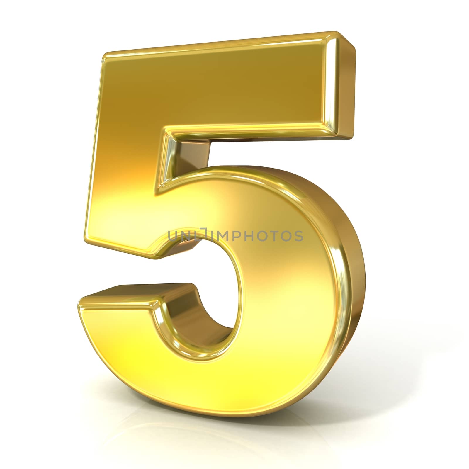 Numerical digits collection, 5 - FIVE. 3D golden sign isolated on white background. Render illustration.