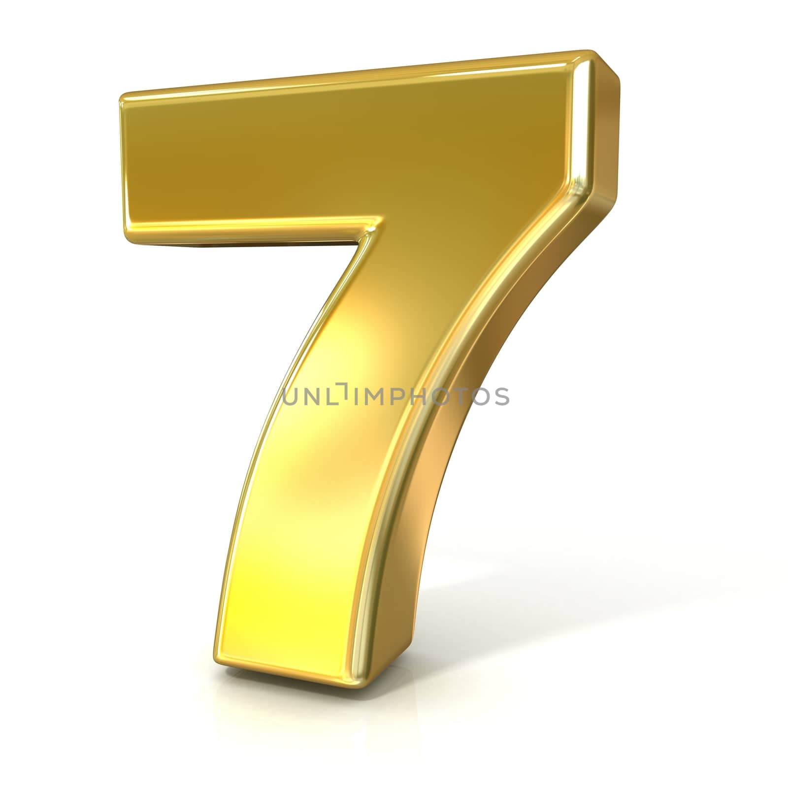 Numerical digits collection, 7 - SEVEN. 3D golden sign isolated on white background. Render illustration.