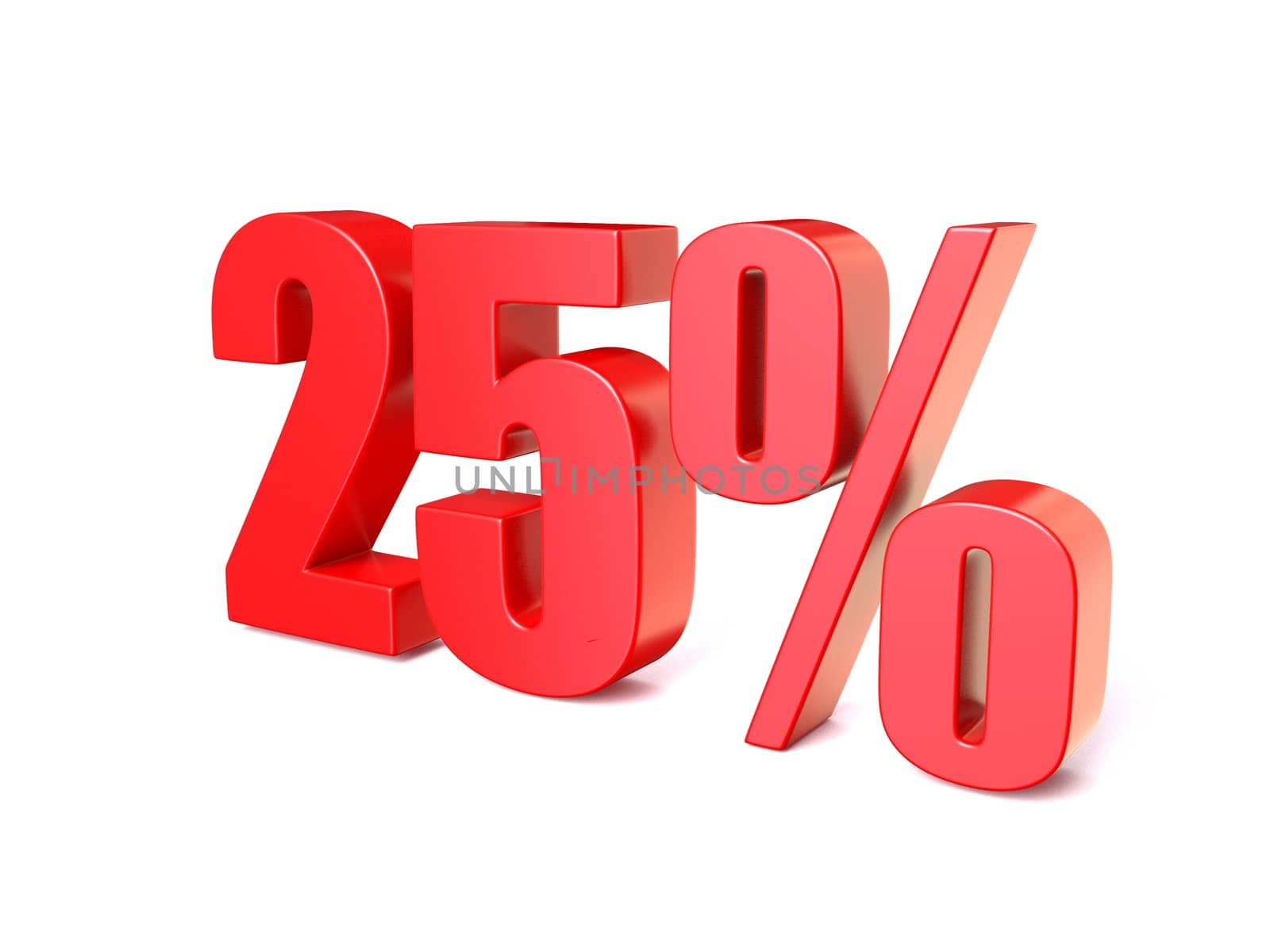 Red percentage sign 25. 3D render illustration isolated on white background