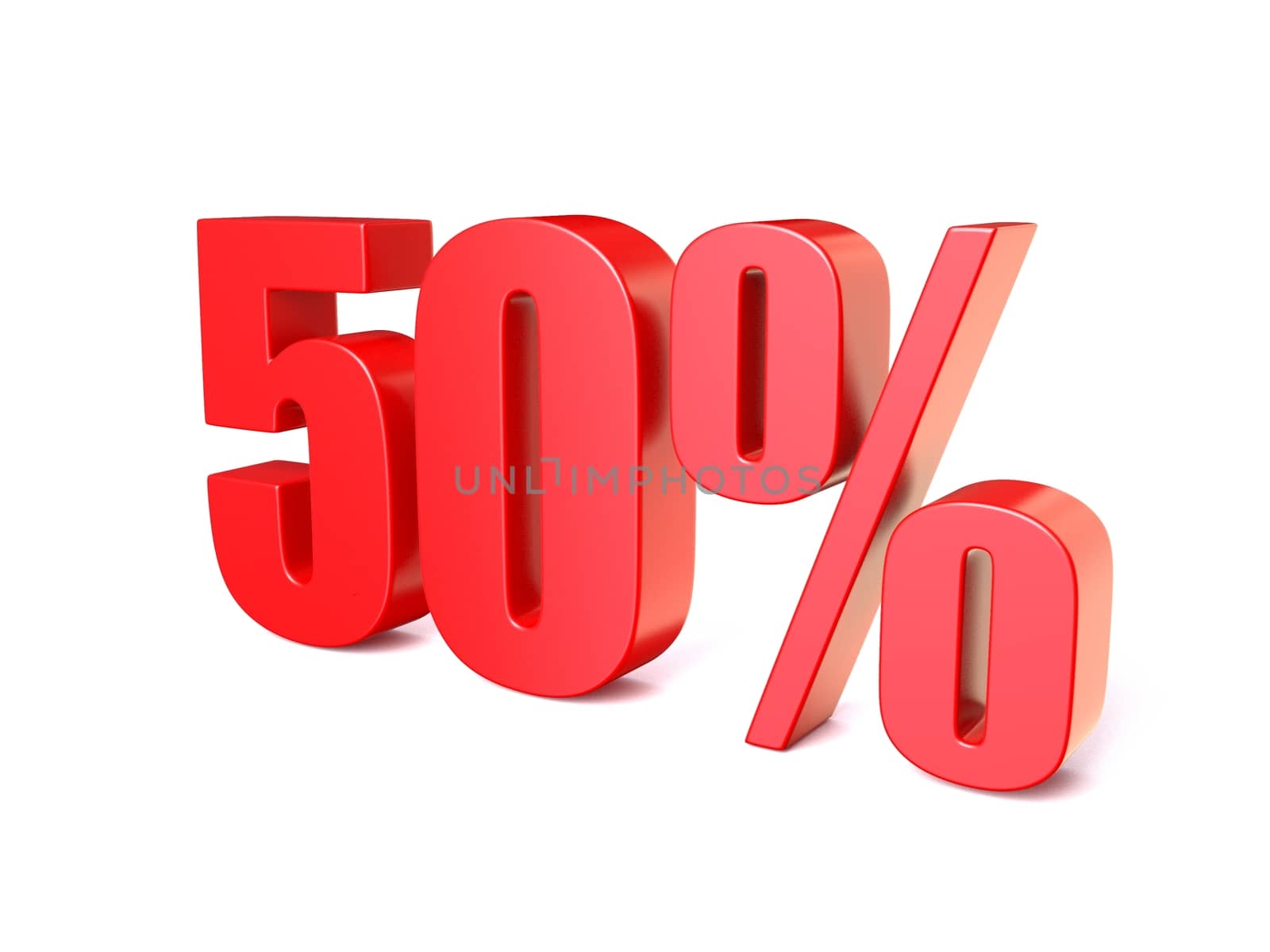 Red percentage sign 50. 3D render illustration isolated on white background