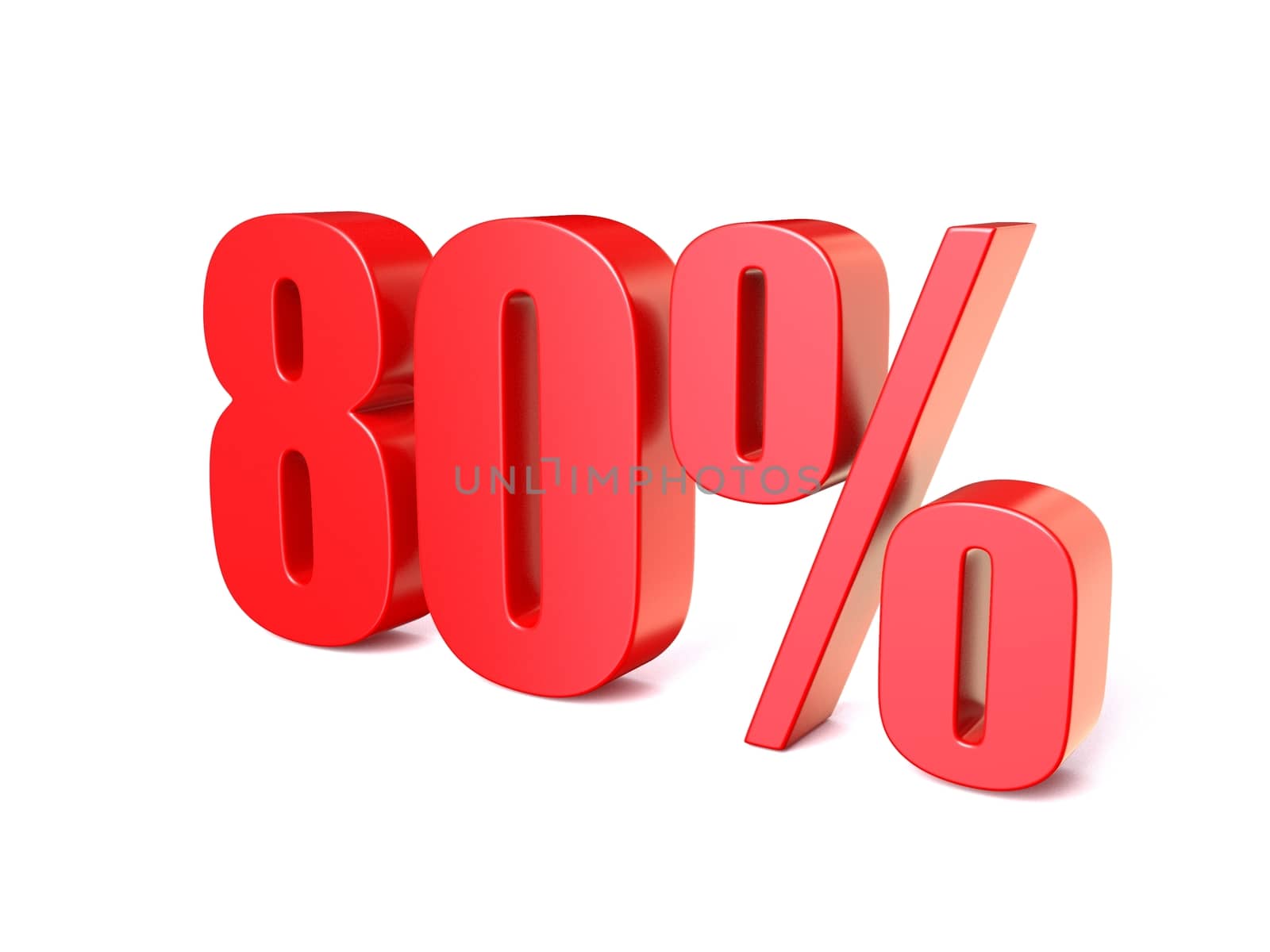 Red percentage sign 80. 3D render illustration isolated on white background