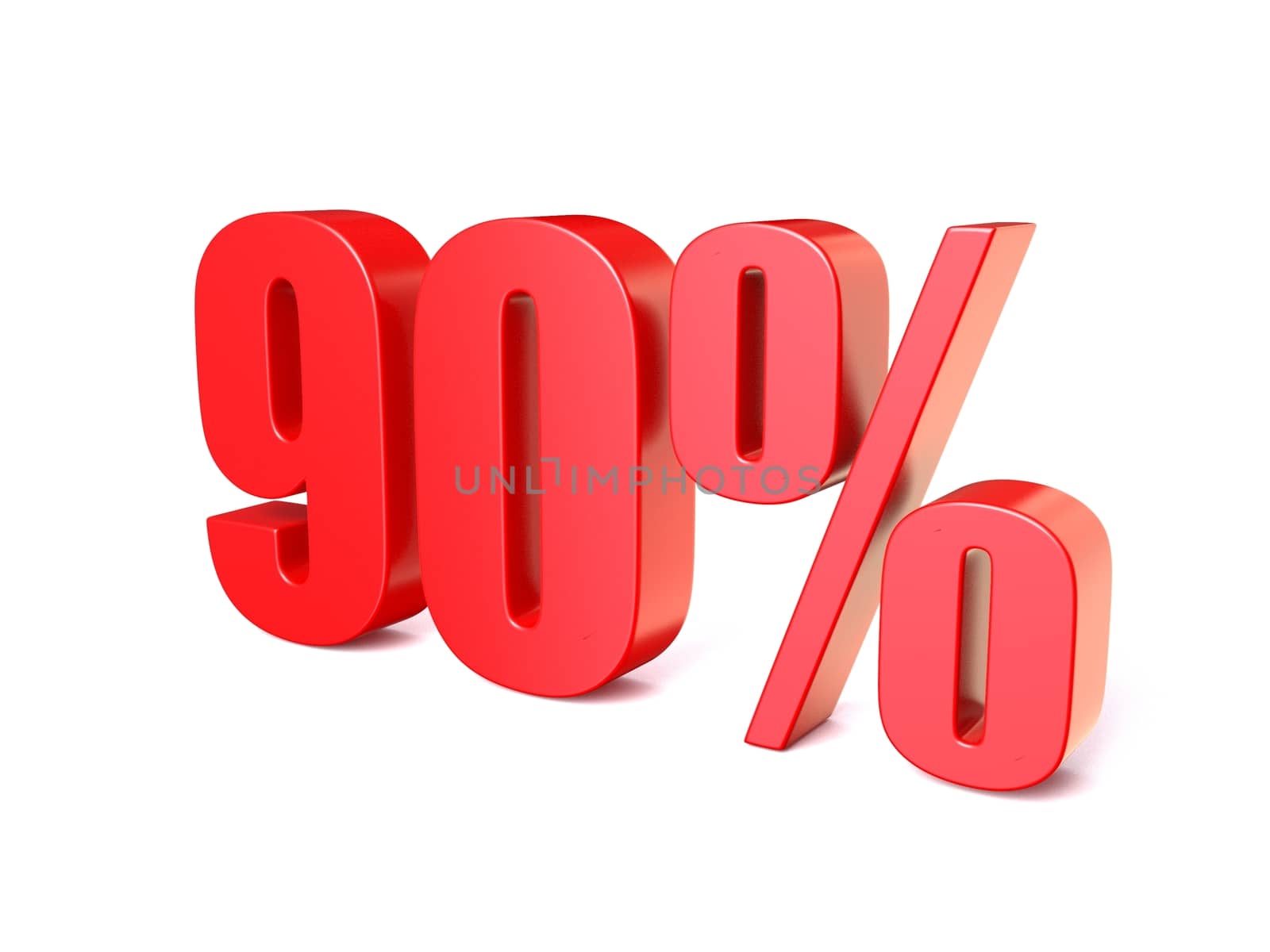 Red percentage sign 90. 3D render illustration isolated on white background