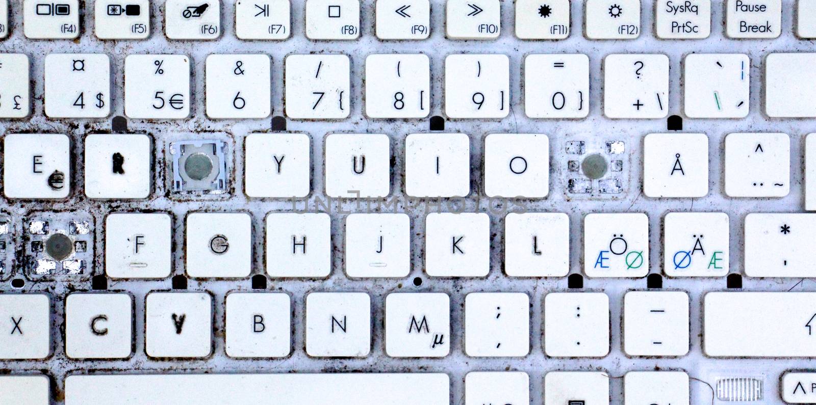 A close view of some keys on a dirty, yellowed keyboard.