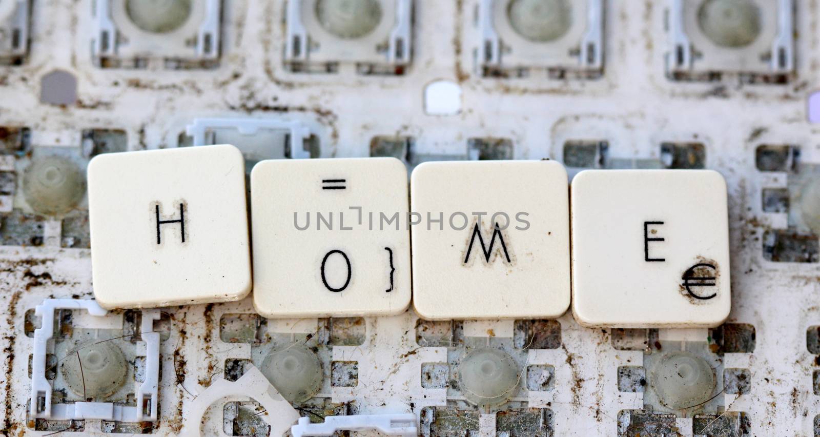 A close view of some keys on a dirty, yellowed keyboard.text home
