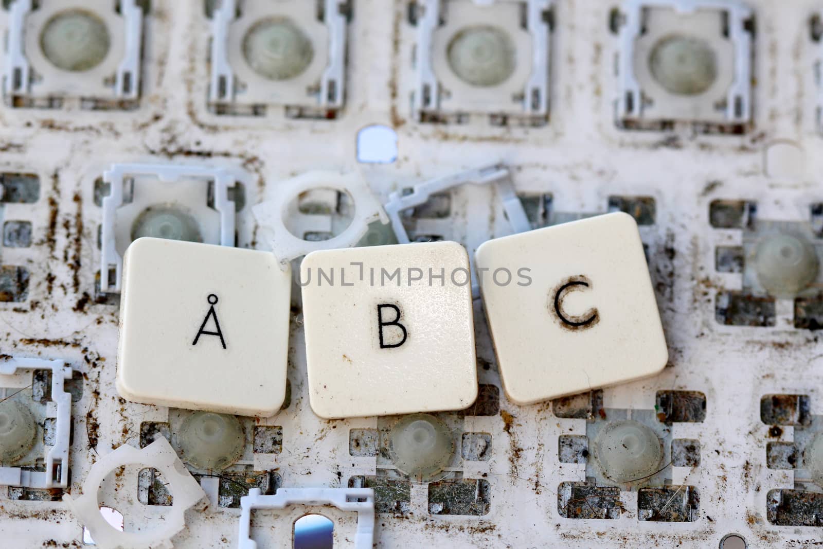 A close view of some keys on a dirty, yellowed keyboard.letters a,b and c