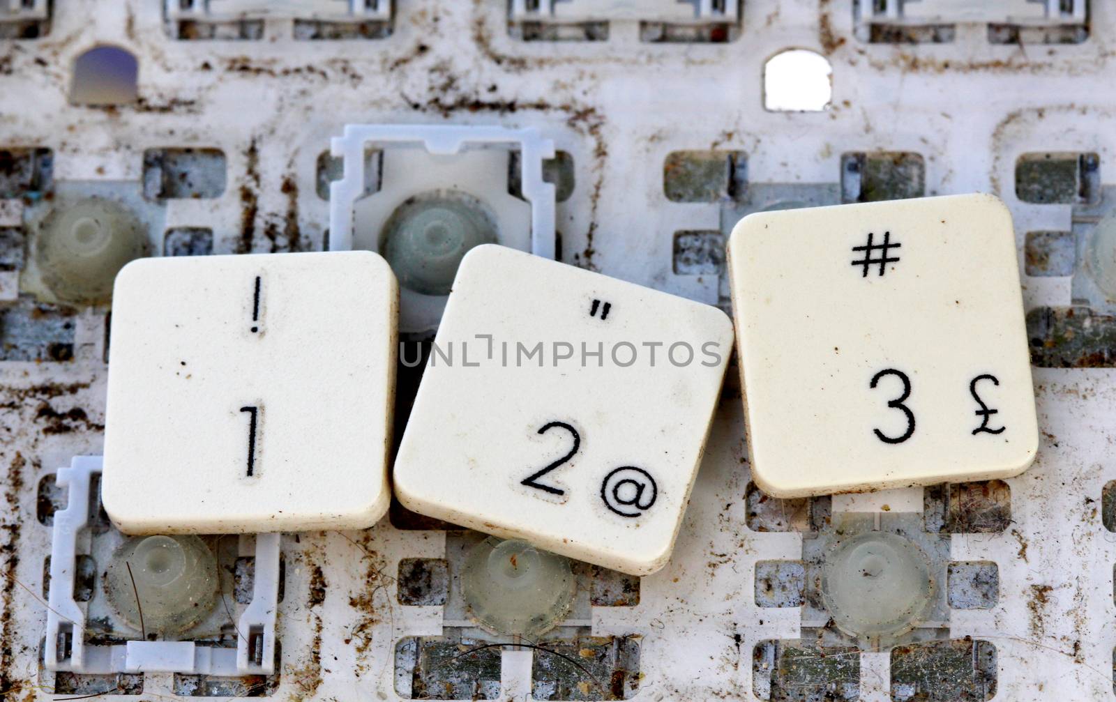 A close view of some keys on a dirty, yellowed keyboard. number 123