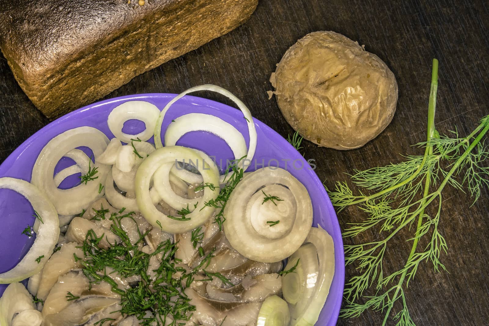 Herring with Dill , Onion, Black Bread and Potato