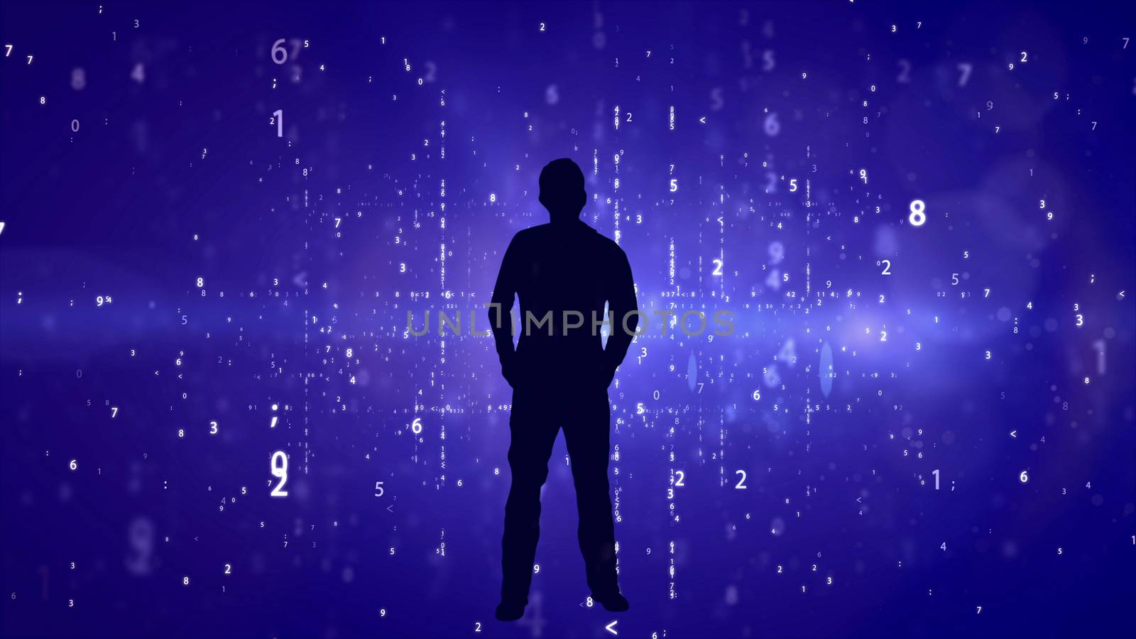 Silhouette of man on matrix effect background.