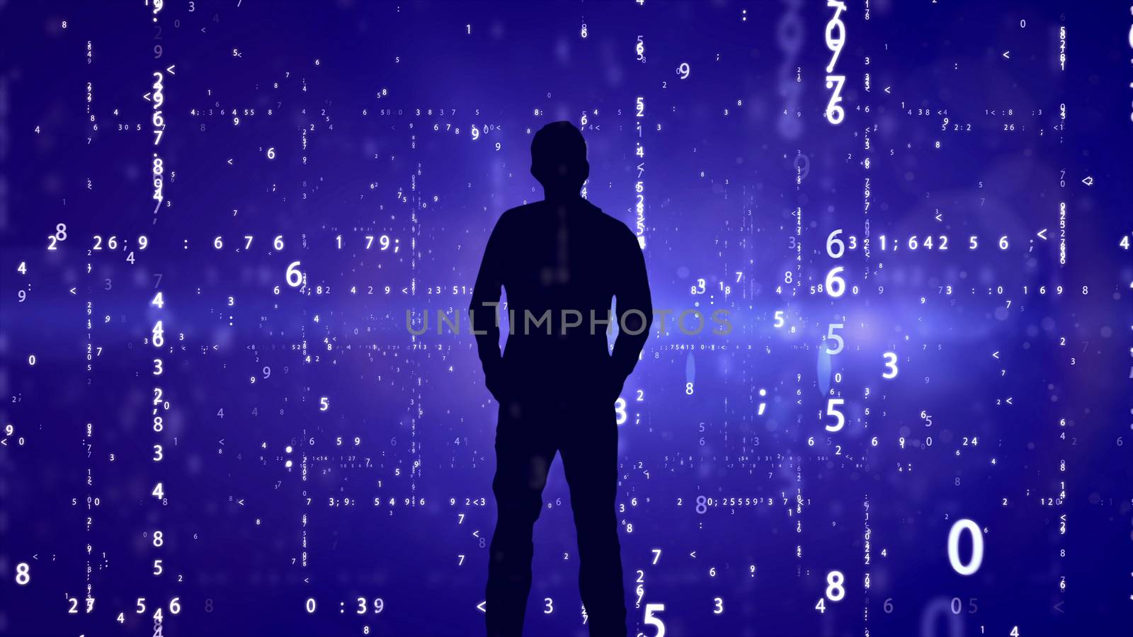 Silhouette of man on matrix effect background.