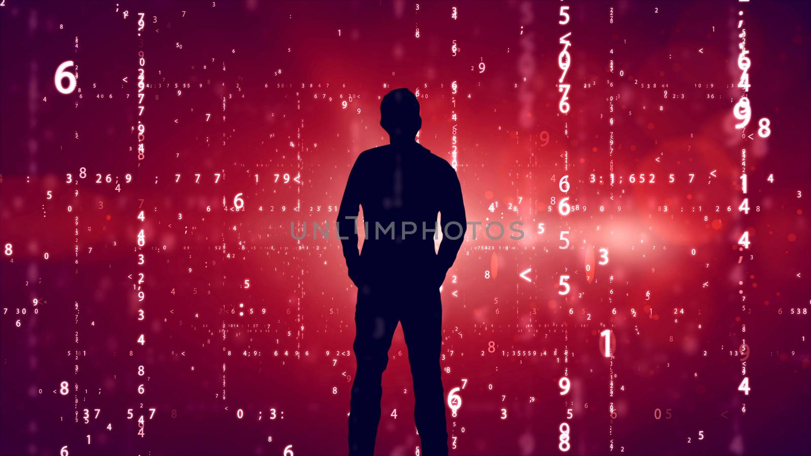 Silhouette and falling digits on red background. Internet Business concept.