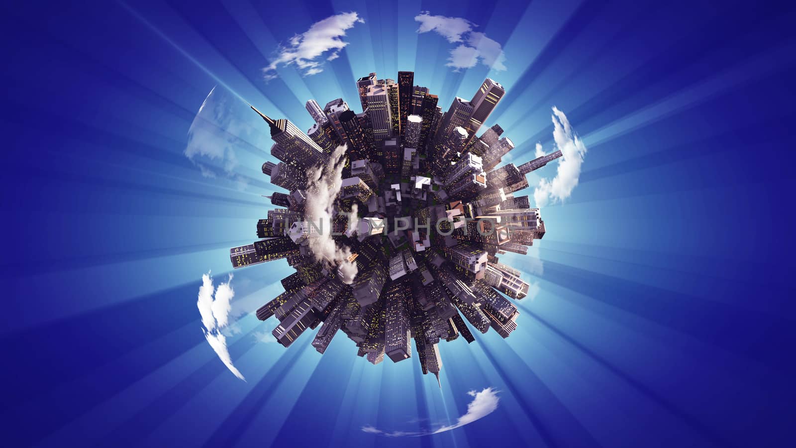3D rendering of big city on small planet